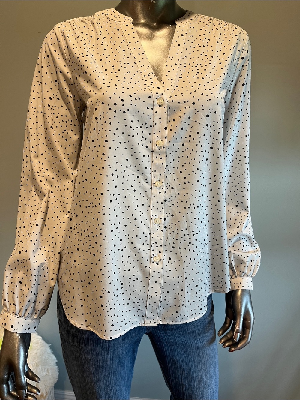 Ann Taylor Factory Cream Button-Front Polka Dot Blouse